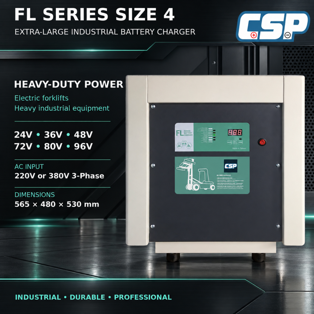 CSP FL Series Size 4 extra-large industrial battery charger for electric forklifts and heavy equipment.