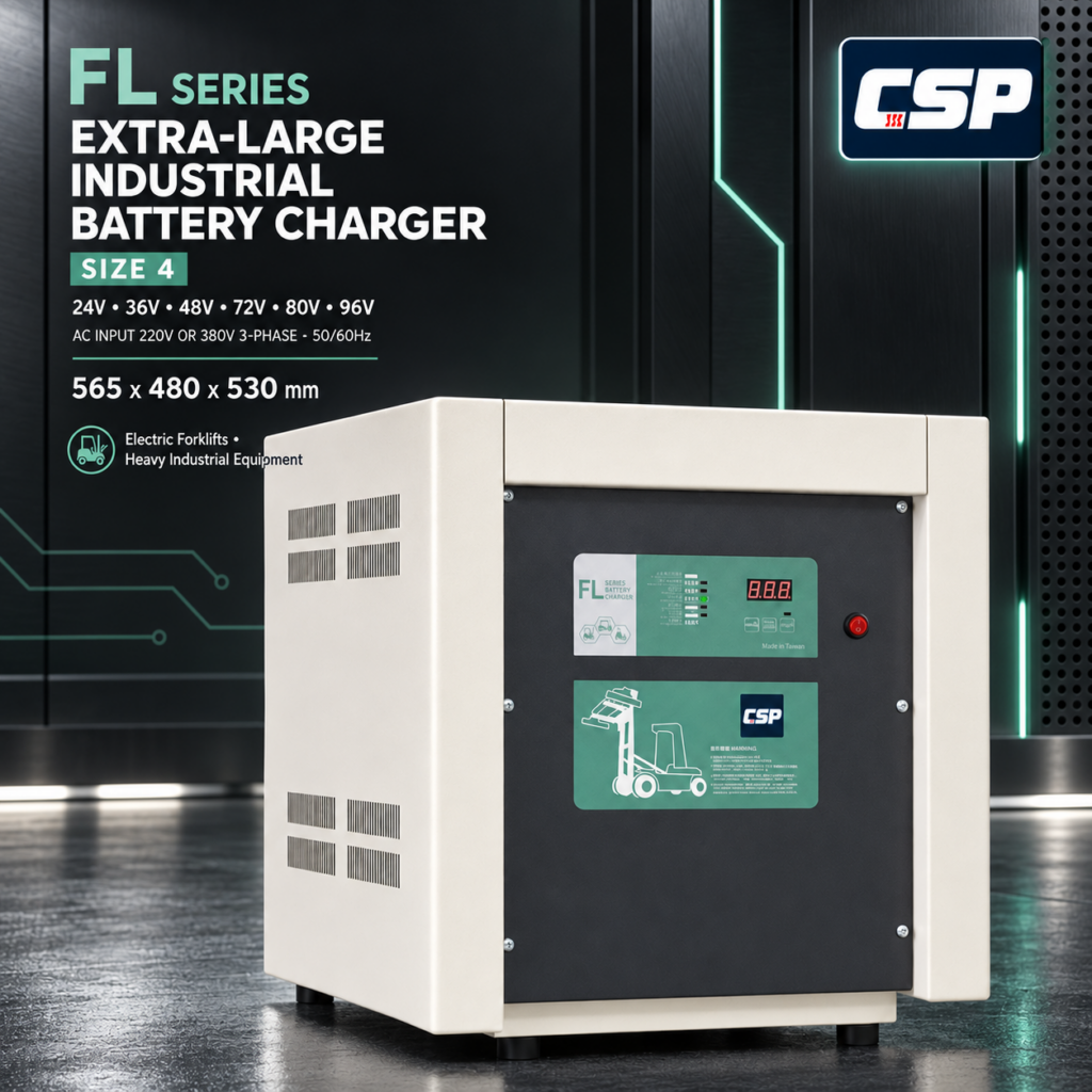 CSP FL Series Size 4 extra-large industrial battery charger for electric forklifts and heavy equipment.