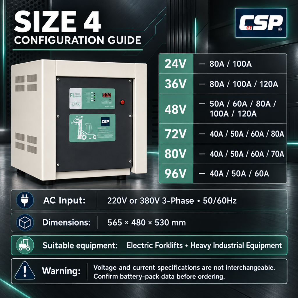 Configuration guide for the CSP FL Series Size 4 industrial battery charger, showing voltage and amperage options from 24V up to 96V.