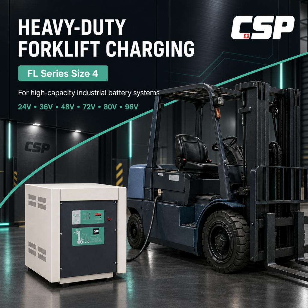 Promotional graphic for the CSP FL Series Size 4 heavy-duty forklift battery charger, showing the white charger unit next to a forklift in an industrial setting.