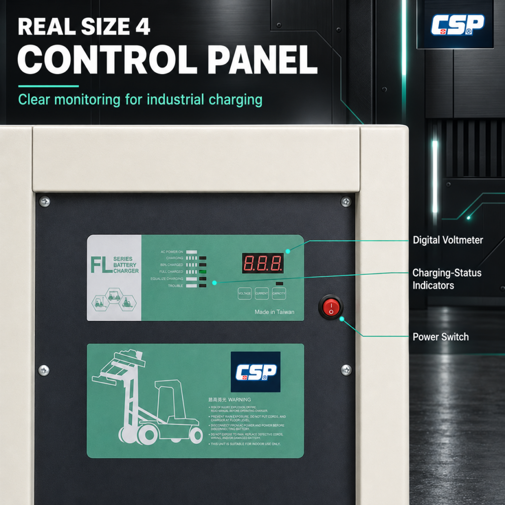 Close-up of the CSP FL Series Size 4 battery charger control panel, highlighting the digital voltmeter, charging-status indicators, and power switch.