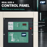 Close-up of the CSP FL Series Size 4 battery charger control panel, highlighting the digital voltmeter, charging-status indicators, and power switch.