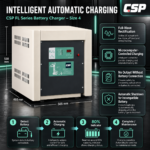 Infographic showing the intelligent automatic charging features and four-step charging process for the CSP FL Series Size 4 battery charger.