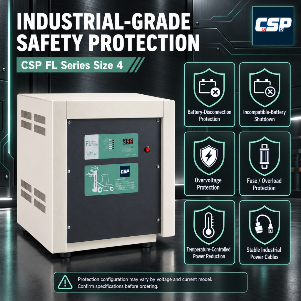 Infographic showing the six industrial-grade safety protection features of the CSP FL Series Size 4 battery charger, including battery-disconnection, overvoltage, and overload protection