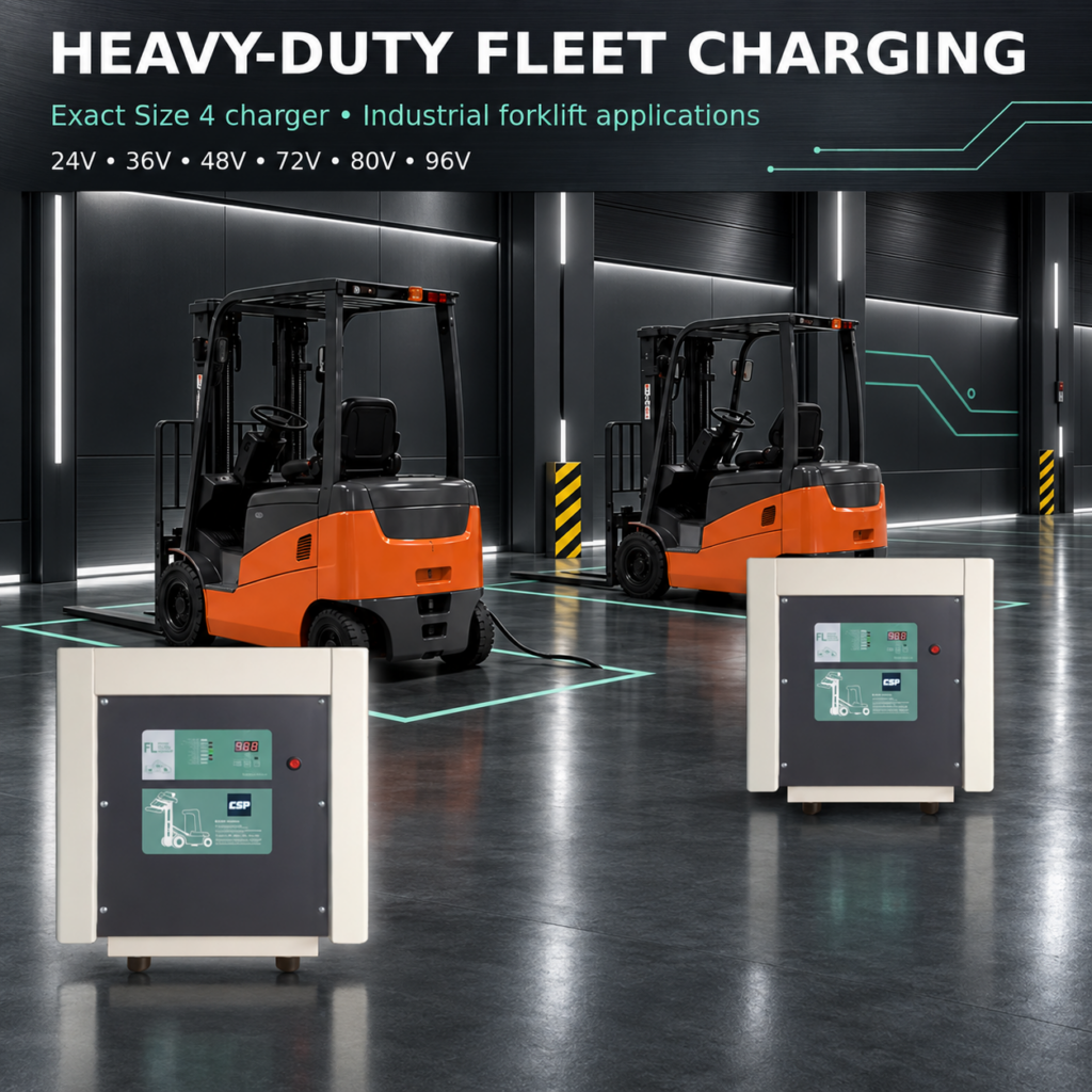 Two industrial forklifts charging in a warehouse using CSP FL Series Size 4 heavy-duty battery chargers, highlighting compatibility with 24V to 96V systems.
