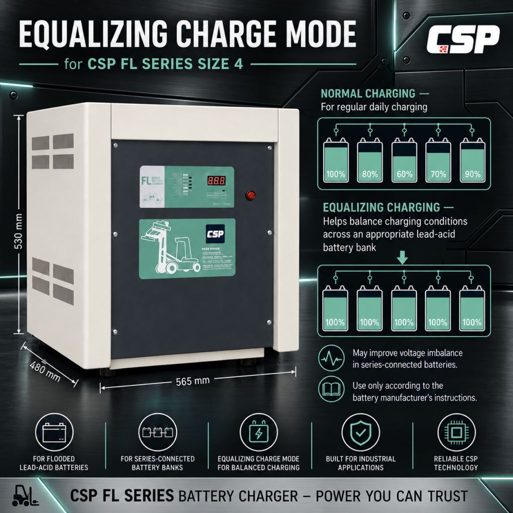 Infographic explaining the equalizing charge mode for the CSP FL Series Size 4 battery charger, showing how it balances charging conditions across a lead-acid battery bank.