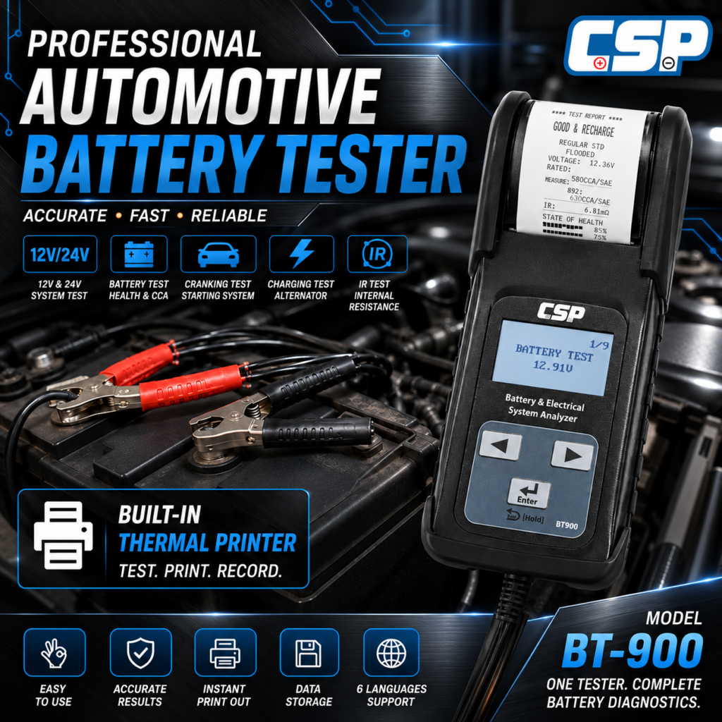 CSP BT-900 professional automotive battery tester displaying voltage, equipped with heavy-duty red and black testing clamps.