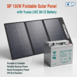 SP 150W Foldable Solar Panel paired with Yuasa UXC 50-12 VRLA Battery setup for portable power generation and storage.