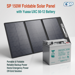 SP 150W Foldable Solar Panel paired with Yuasa UXC 50-12 VRLA Battery setup for portable power generation and storage.