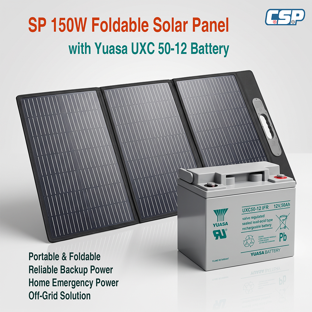 SP 150W Foldable Solar Panel paired with Yuasa UXC 50-12 VRLA Battery setup for portable power generation and storage.