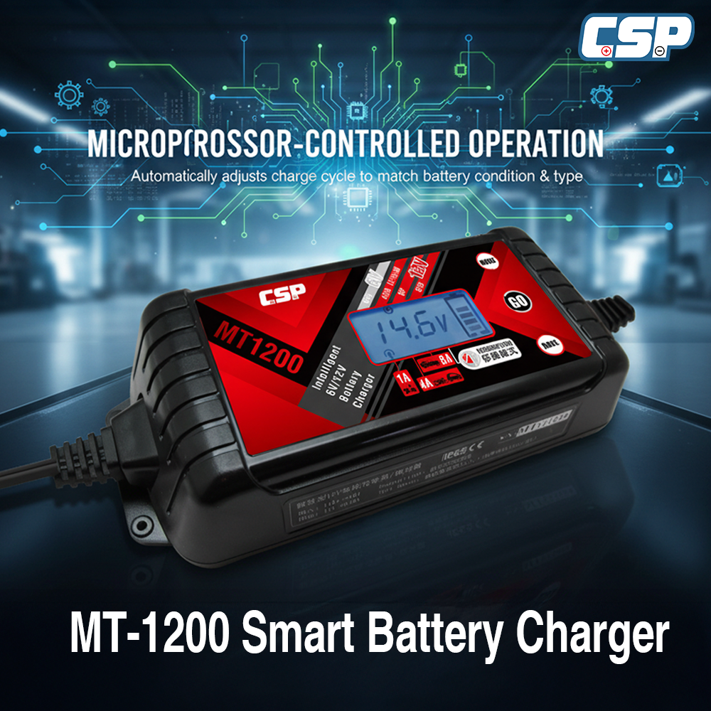 CSP MT-1200 6V/12V smart battery charger and pulse repair tool featuring an LCD display and 1A, 4A, and 8A adjustable charging rates.