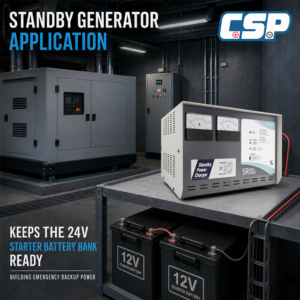 CSP SR-24V series automatic battery charger installed in a standby generator application to keep emergency backup systems ready.