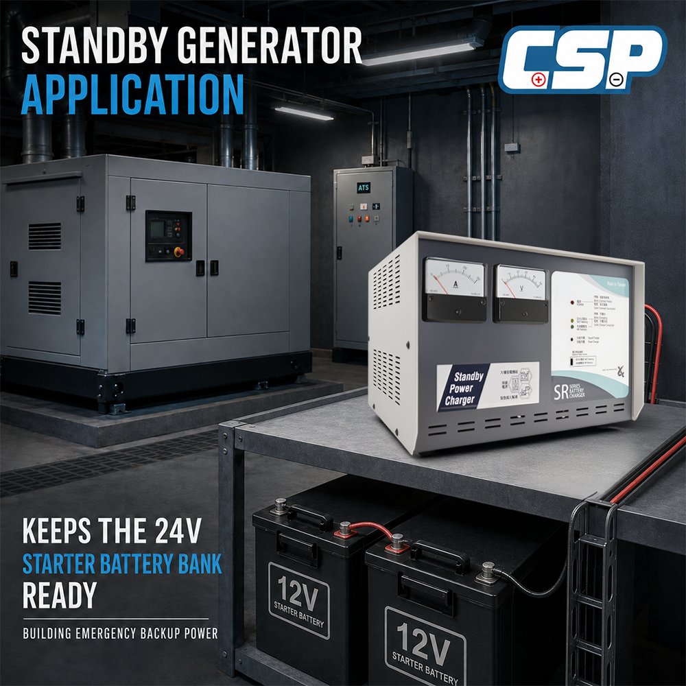 CSP SR-24V series automatic battery charger installed in a standby generator application to keep emergency backup systems ready.