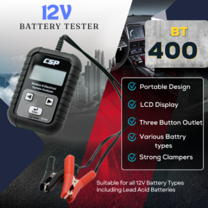 CSP BT-400 automotive battery tester and system analyzer feature graphic.
