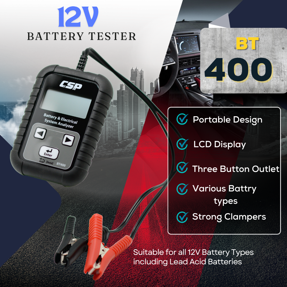 CSP BT-400 automotive battery tester and system analyzer feature graphic.